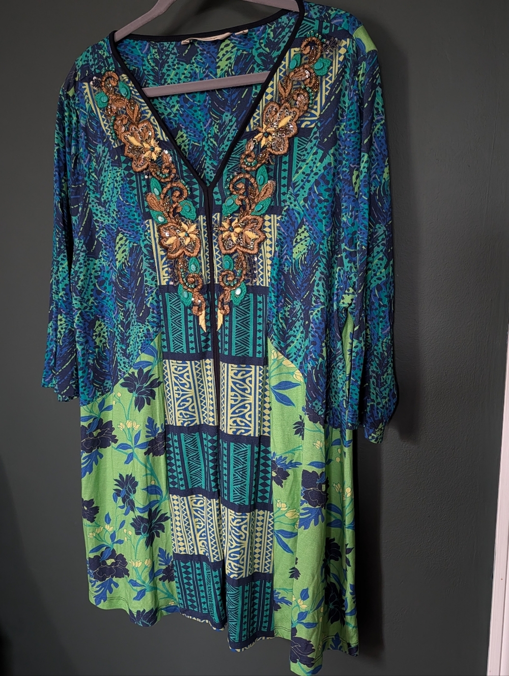 Soft Surroundings Blue and Green Embellished Long Sleeve Dress